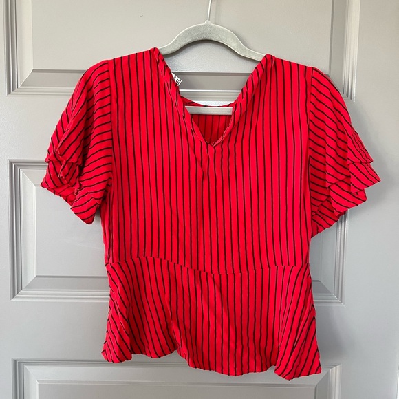 Zara Red and Black Striped Peplum Top with Flutter Sleeves Size Small - Picture 3 of 6